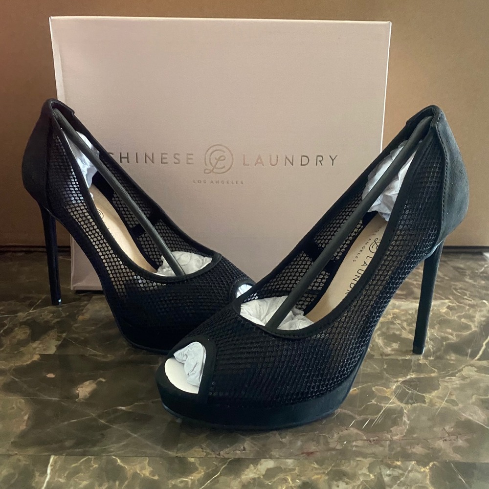 Chinese Laundry‎ Hallsy Black Mesh Peep Toe Platform Pumps Stiletto Heels 7.5
